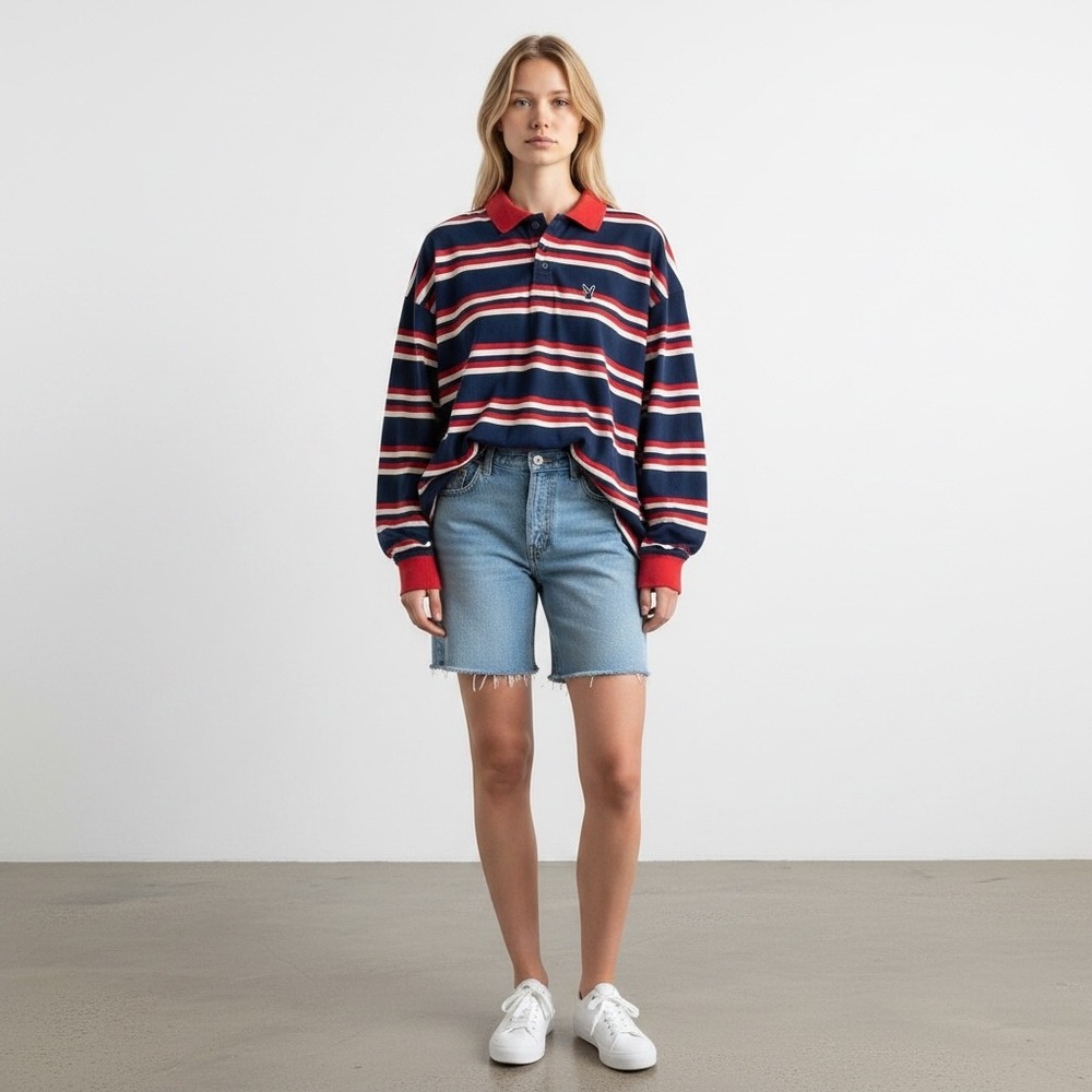 Playboy by PacSun University Striped Rugby Polo Shirt Navy Red White Medium - Picture 1 of 4